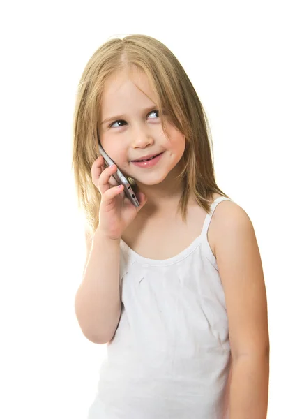 Mooi meisje spreekt op de mobiele telefoon geïsoleerd op Wh — Stockfoto