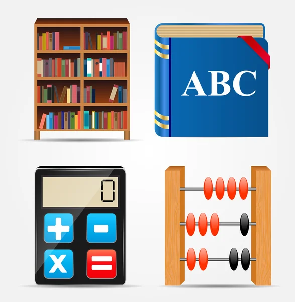 Boekenkast, Notepad, Calculator, Abacus pictogram vectorillustratie — Stockvector