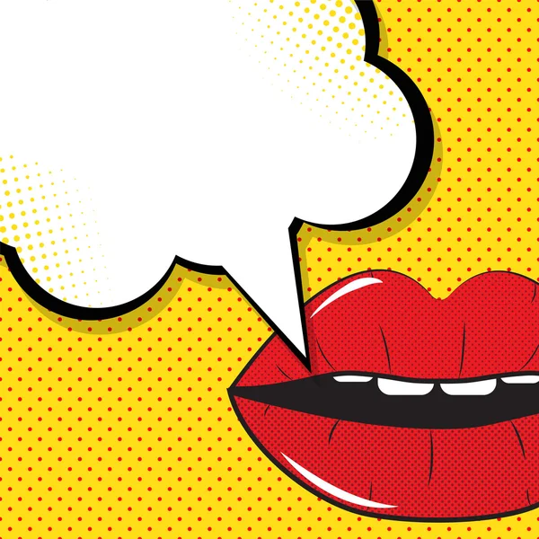 Labios rojos abiertos con fondo de arte pop burbuja de habla en respaldo de punto — Vector de stock