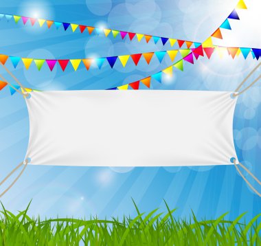 Textile banners with copy space suspended by ropes by all four c clipart
