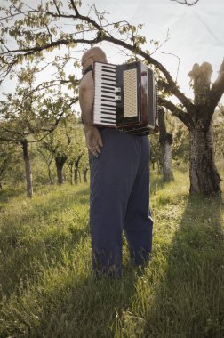 Yaşlı adam sırtına alanındaki akordeon ile