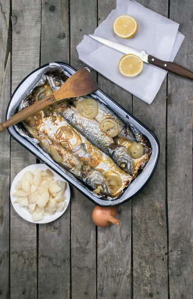 Baked mackerel fish with onion lemon and potato salad — Stock Photo, Image