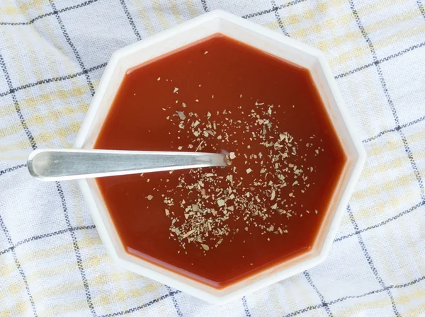 Détail du ketchup tomate à l'origan dans un bol carré blanc — Photo