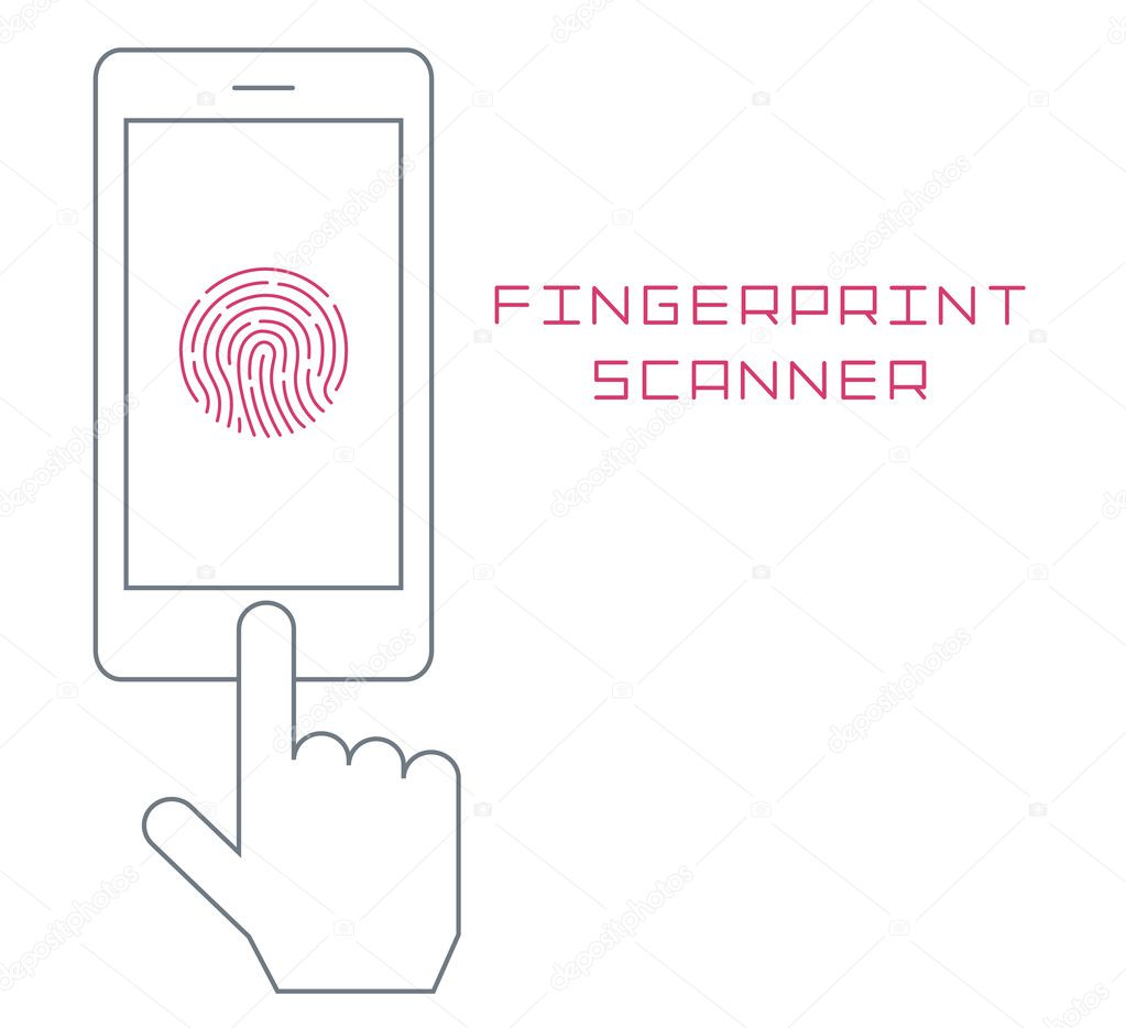 Fingerprint scanning on smartphone vector flat design thin line illustration. mobile phone finger  identification