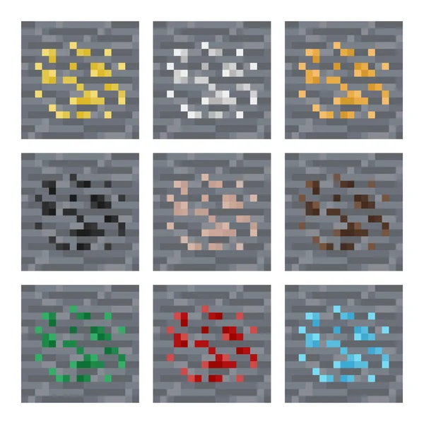 Texture for platformers pixel art vector: stone ore mineral blocks: silver, gold, coal, gem, iron — Stock Vector