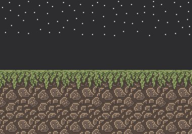 Vektör piksel sanat resim sprite - gece kez çim dokusu ile taş toprak yıldız