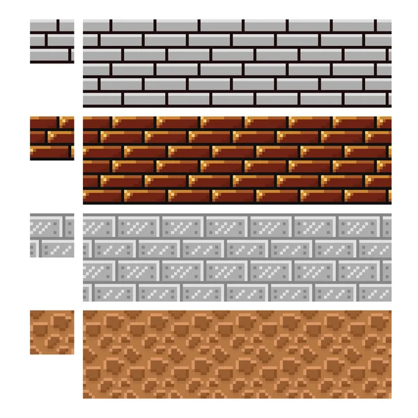 Textury pro platformers pixel umění vektoru - kámen cihlu a ocelová zeď — Stockový vektor