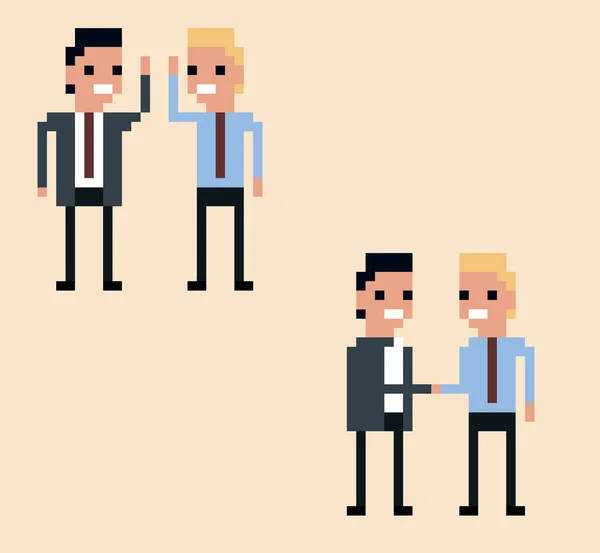 Vektor Pixel Art Illustration zwei Geschäftsmann hallo-five und Händedruck auf hellgelbem Hintergrund — Stockvektor