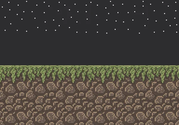 Illustration vectorielle pixel art sprite - saleté de pierre avec texture d'herbe étoiles nocturnes — Image vectorielle