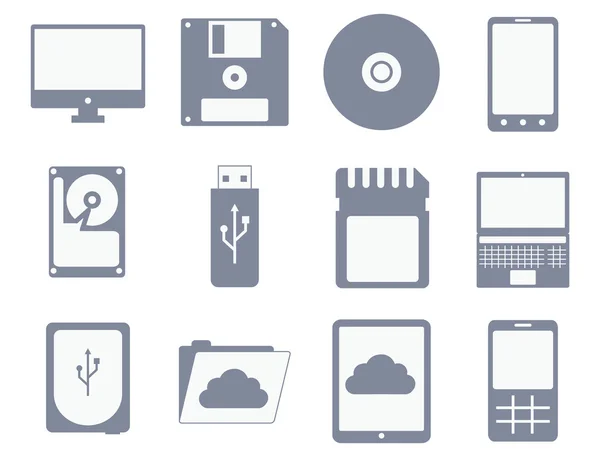 Vector icon set of computer media devices and storages — Stock Vector