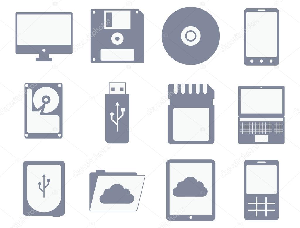 Vector icon set of computer media devices and storages