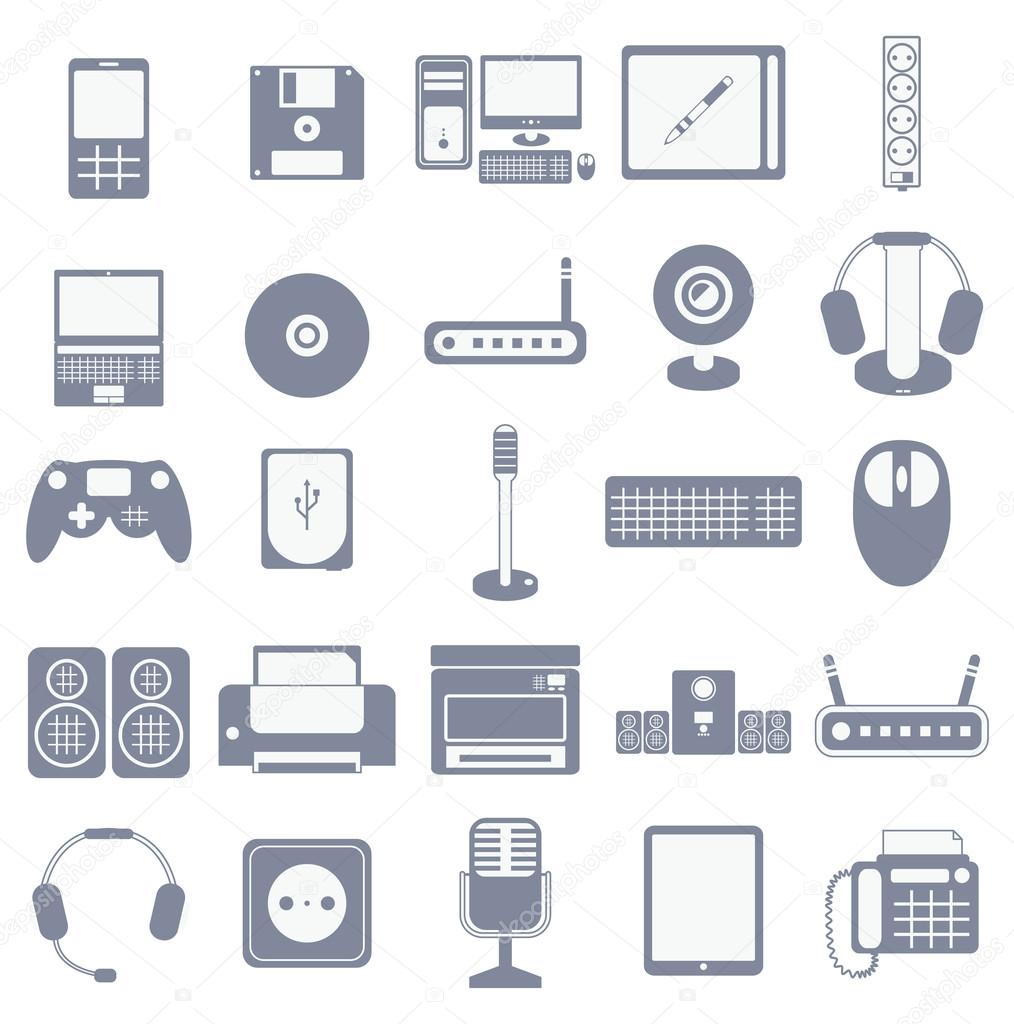 Vector icon set of computer media devices and storages