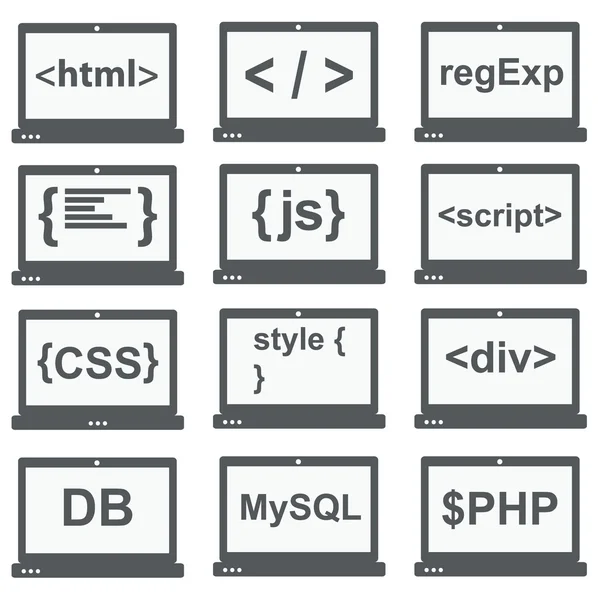 Web utveckling Ikonuppsättning, på laptop skärm — Stock vektor