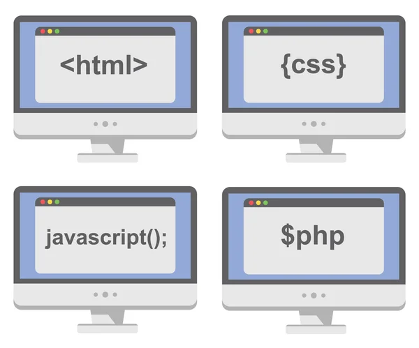 Raccolta vettoriale di schermi per computer con processo di sviluppo web — Vettoriale Stock