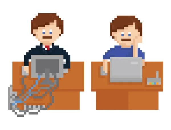 Ofis Masaları kablosuz ve kablolu bilgisayarlarla Pixel art resimde gösterilmektedir