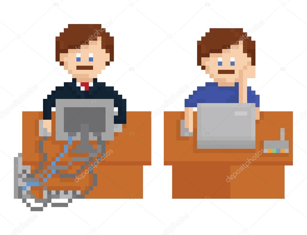pixel art illustration shows office table with wireless and wired computers