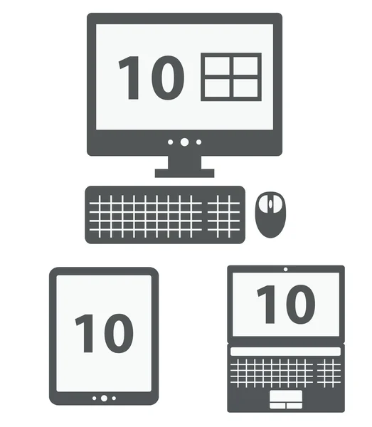 Ilustrasi desain datar abu-abu memuat komputer pribadi, laptop, dan tablet pc dengan sepuluh nomor pada layar - Stok Vektor