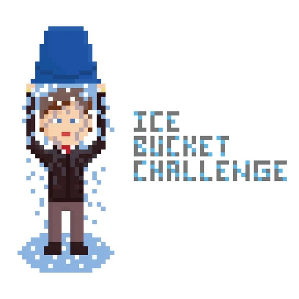 Pixel art drawn businessman in dark brown suit doing Ice Bucket Challenge. — Stock Vector