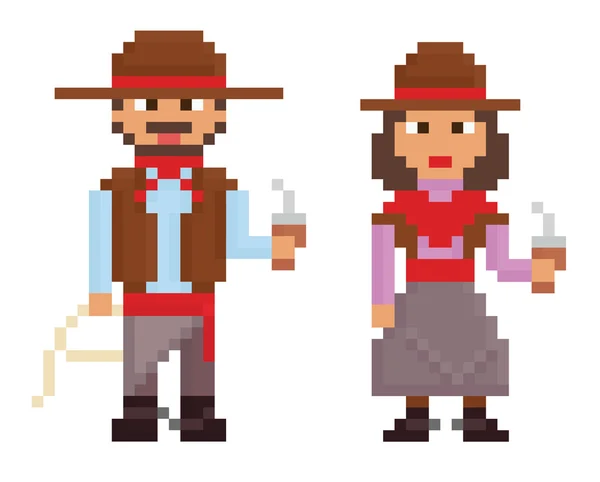 Ilustraciones de estilo vintage pixel art muestra gaucho argentino masculino y femenino — Vector de stock