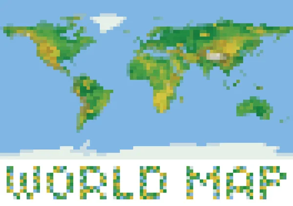 Pixel art style mappa fisica del mondo con rilievi verdi e gialli — Vettoriale Stock