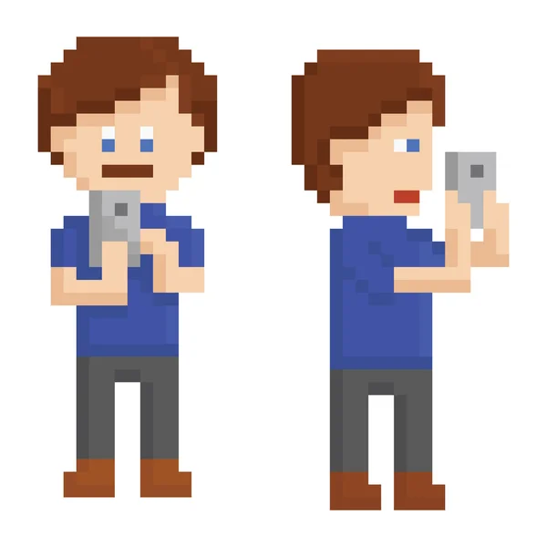 Pixel Art Junge Person macht ein Foto auf dem Smartphone Sprite, Profil und Gesicht nach vorne — Stockvektor