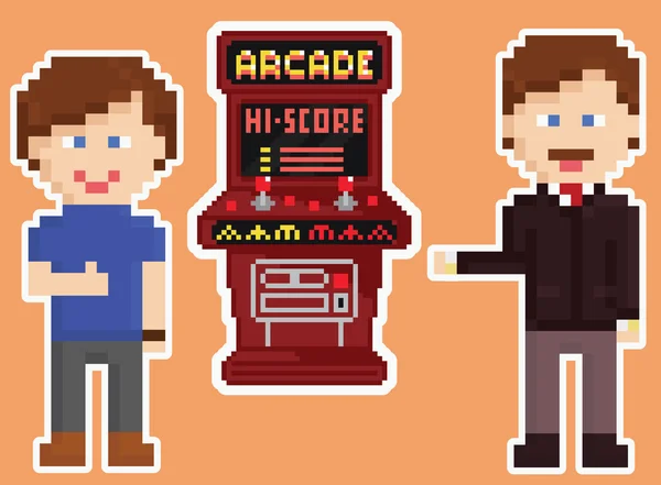 Pixel art style red arcade cabinet with two gamers — Stock Vector