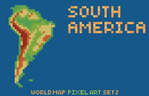 Pixel art stílusú Térkép Dél-Amerika, tartalmaz megkönnyebbülés kontinensen és a szigetek — Stock Vector