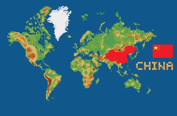 Pixel arte estilo mapa del mundo con forma China fronteras y bandera — Archivo Imágenes Vectoriales