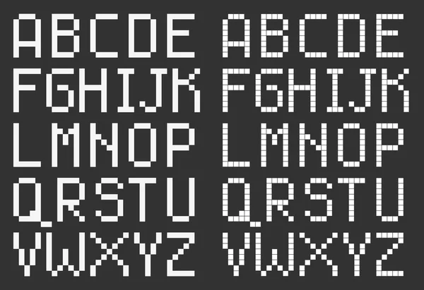 Pixel-Art-Stil Großbuchstaben, weiße quadratische Buchstaben auf schwarz — Stockvektor