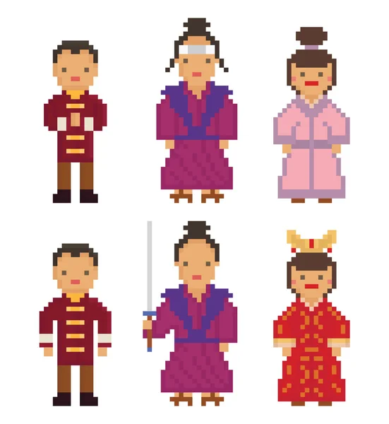 Oost-Azië - Japan Zuid-Korea China Mongolië Man vrouw mensen traditionele klederdracht jurk kleding — Stockvector