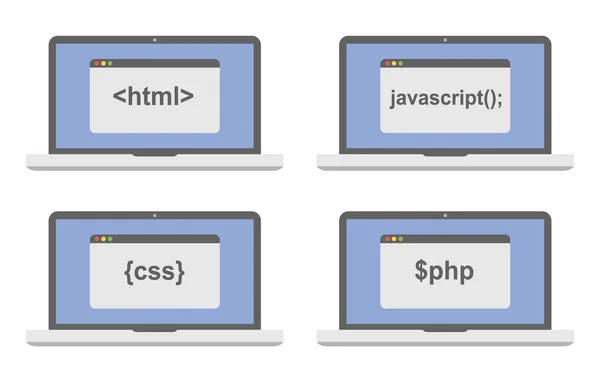 Conjunto de ícone de desenvolvimento web - tela do laptop mostra internet html tags css estilos, scripts — Vetor de Stock