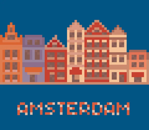 Pixel arte ilustração mostra amsterdam holland fachadas de casas antigas rua —  Vetores de Stock