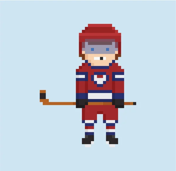 Pixel illustrazione stile arte mostra giocatore di hockey in rosso, bianco e blu uniforme — Vettoriale Stock