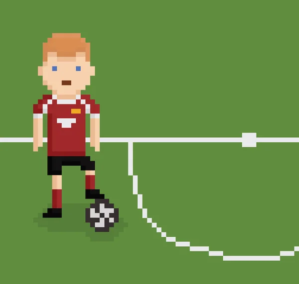 Pixel art estilo ilustración futbolista de fútbol en el campo verde cerca de la línea blanca sosteniendo la pelota con su pierna — Archivo Imágenes Vectoriales