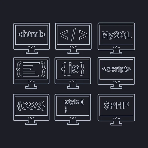 Vector colección de iconos de desarrollo web - html, css, etiqueta, mysql, curvas, php, script, estilo, javascript — Vector de stock