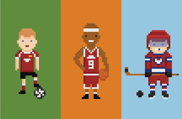 Pixel kunst stijl illustratie - sportman voetbal basketbal hockey met items bal puck en bandy — Stockvector