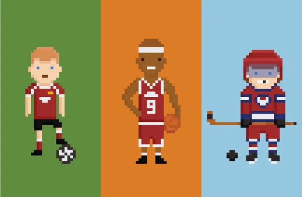 piksel sanat stil illüstrasyon - sporcunun futbol basketbol hokeyi öğelerin topu puck ve bandy ile