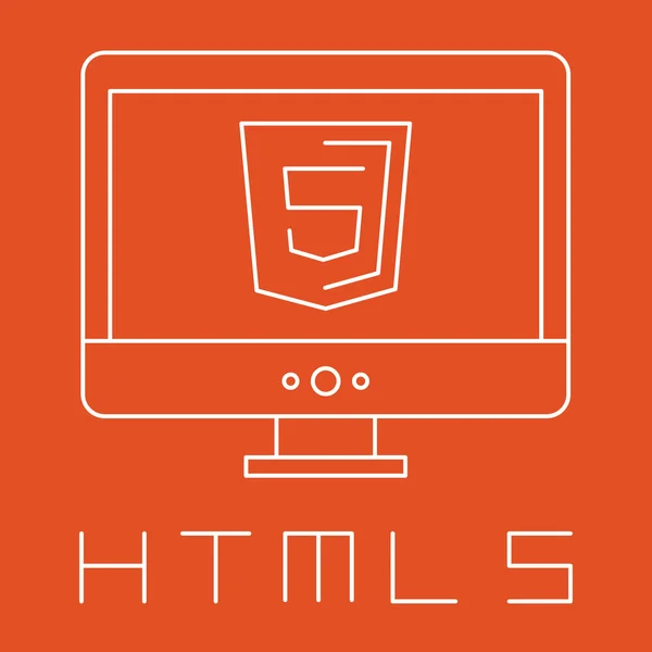 Linie gezeichnet einfache Illustration der orangefarbenen Schild mit HTML fünf Zeichen auf dem Bildschirm, isolierte weiße Website-Entwicklung Symbol — Stockvektor