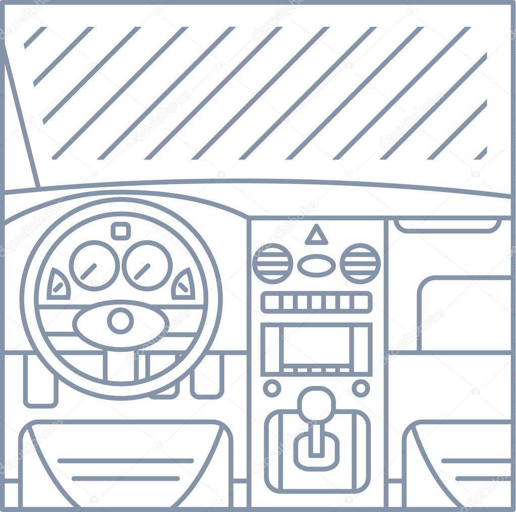flat simple line illustration of car interior view - window, whell, panel, pedals