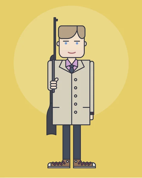 Illustration de style ligne montrant l'homme en manteau debout avec fusil — Image vectorielle