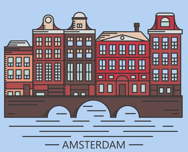 Gamla Amsterdam Holland hus på bron set vektor linje illustration — Stock vektor