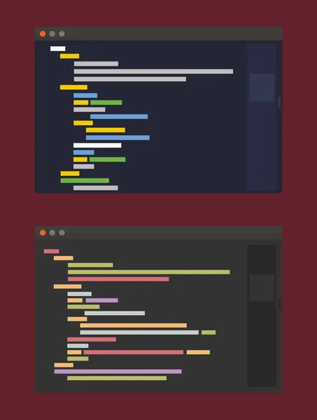 Dois temas de cores do editor de código do desenvolvedor, ilustração de design plano — Vetor de Stock