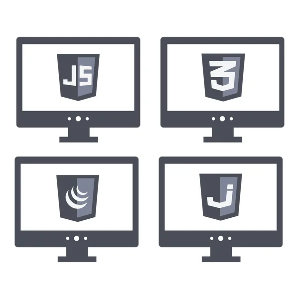 Colección vectorial de signos de escudo de desarrollo web - css3 y javascript. iconos grises aislados — Archivo Imágenes Vectoriales