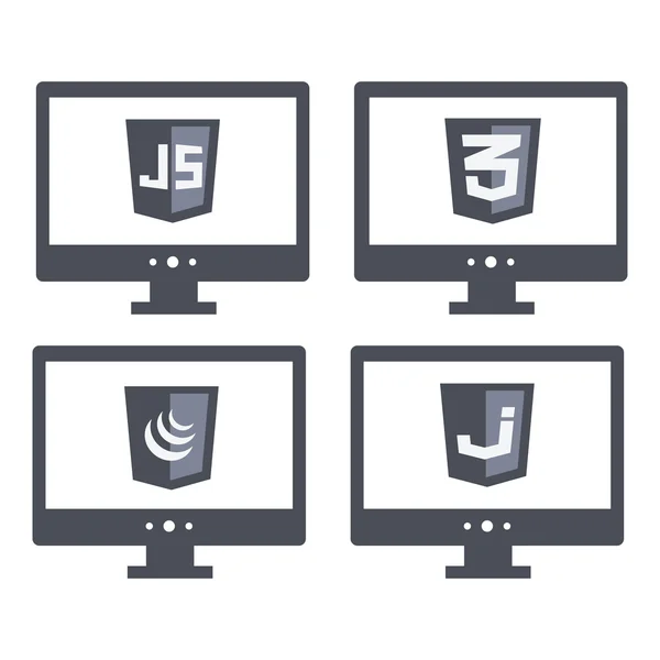 Coleção vetorial de sinais de escudo desenvolvimento web - css3 e javascript. ícones cinzentos isolados — Vetor de Stock