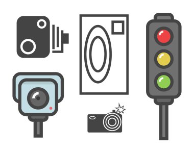 vector flat design illustration of road speed camera signs and traffic lights clipart
