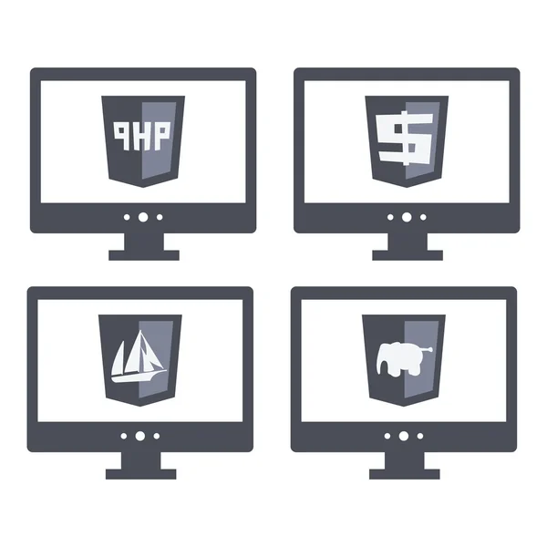 Vector collection of web development shield signs php. isolated  grey icons — Wektor stockowy