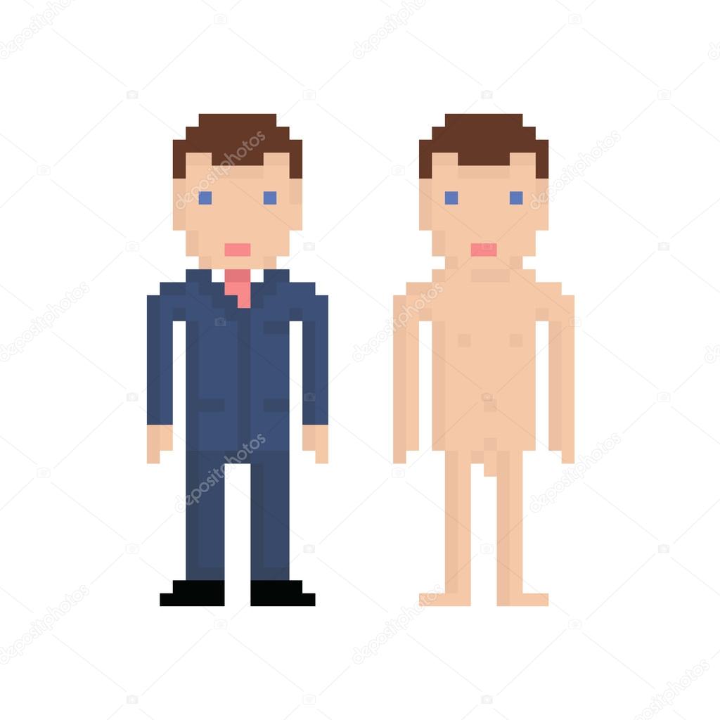 Pixel art man in blue suit and naked 8 bit retro illustration Stock