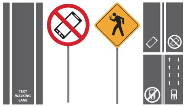 vektör set trafik yaya belirtileri gösterir. ilk cep telefonu kaldırımlar lane