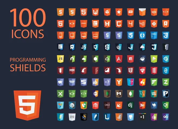 Raccolta vettoriale dei segni dello scudo di sviluppo web, cento icone isolate tecnologia di programmazione in stile html5 — Vettoriale Stock