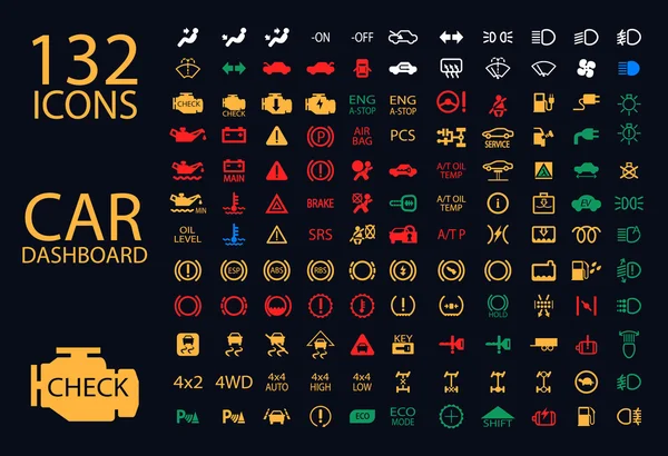 Vector collection of car dashboard panel indicators, yellow red green blue indicators — Stock Vector